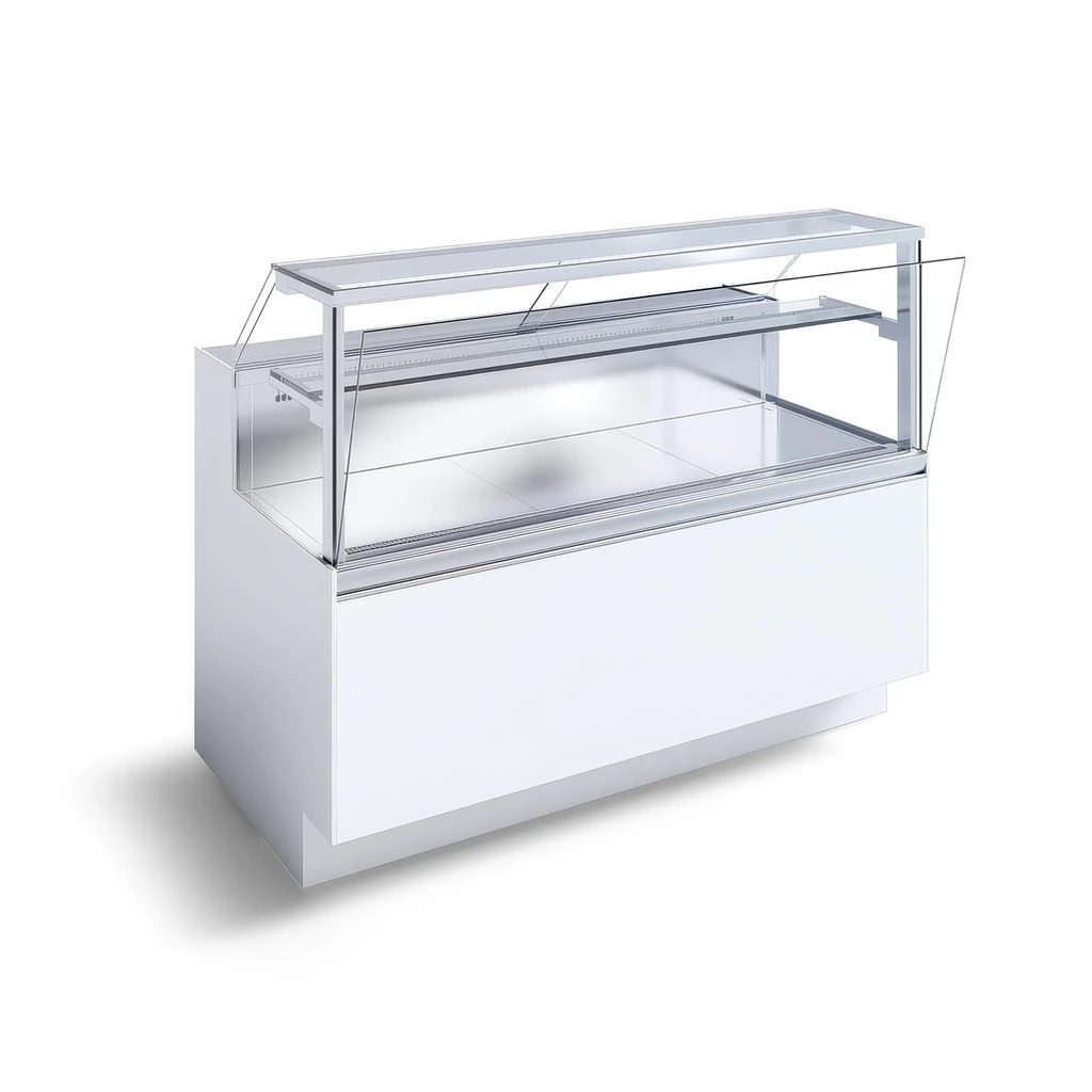 Front glass hinged on silver aluminum profiles with downward opening